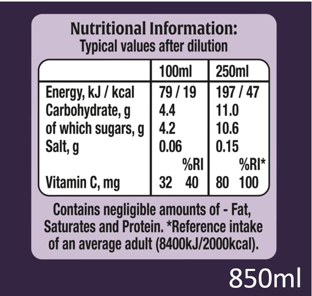 Ribena Blackcurrant Squash 850ml Real British Blackcurrants; Rich in Vitamin C; No Artificial Colours or Flavours; 100% Recycled Plastic Bottle