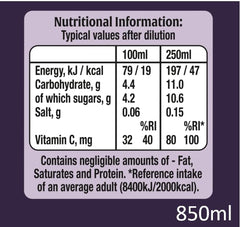 Ribena Blackcurrant Squash 850ml Real British Blackcurrants; Rich in Vitamin C; No Artificial Colours or Flavours; 100% Recycled Plastic Bottle