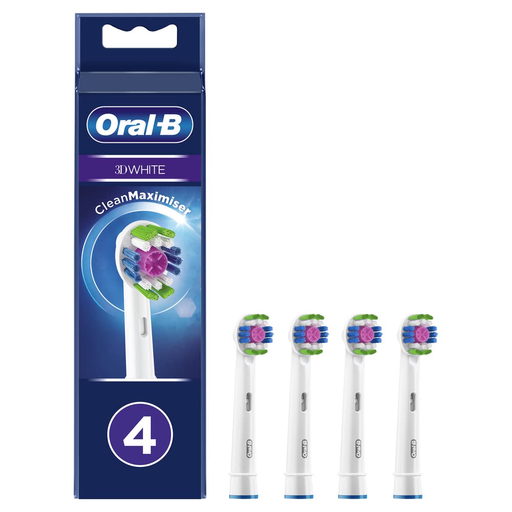 Oral-B 3D White Electric Toothbrush Head with CleanMaximiser Technology, Angled Bristles for Deeper Plaque Removal, Pack of 4, White