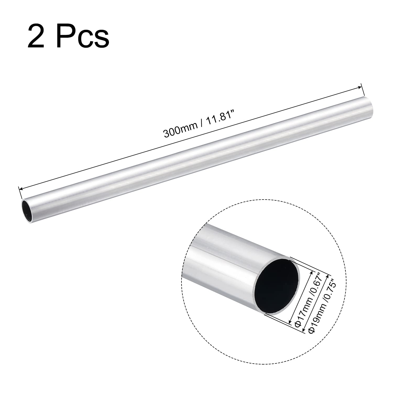 sourcing map 6063 Aluminum Round Tube 19mm OD 17mm Inner Dia 300mm Length Pipe Tubing 2 Pcs