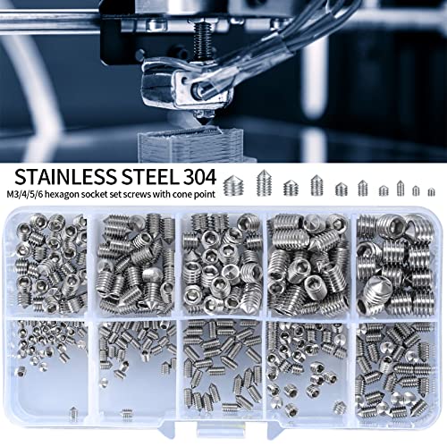 290 Pcs Cone Cup Point Grub Screws, M3/M4/M5/M6/M8 Hex Head Socket Screws Set Assorted, Mixed Stainless Steel Metric Threads Screws with Internal Hex Drive for Door Handles, with 5 Pcs Allen Key