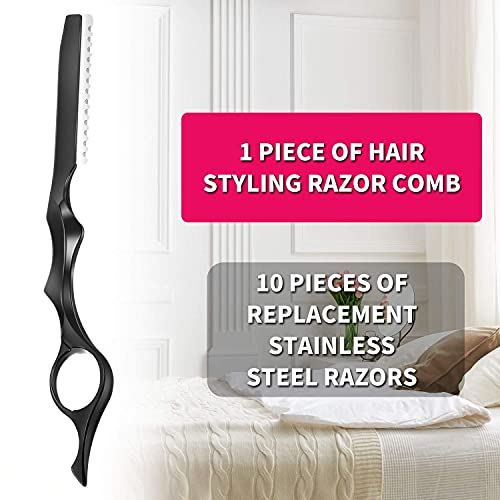 11 Pieces Hair Styling Razor Hair Thinning Comb Hair Texturizing Cutting Razor Comb with Replacement Stainless Steel Razors for Salon Home Use