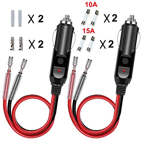 GTIWUNG 2 Pack Car Replacement 12V Cigarette Lighter Male Plug with Leads, 15A Fuse Protection with LED Light, Cigar Female Socket Plug Extension Cable for Motorcycle, Car, Tractor