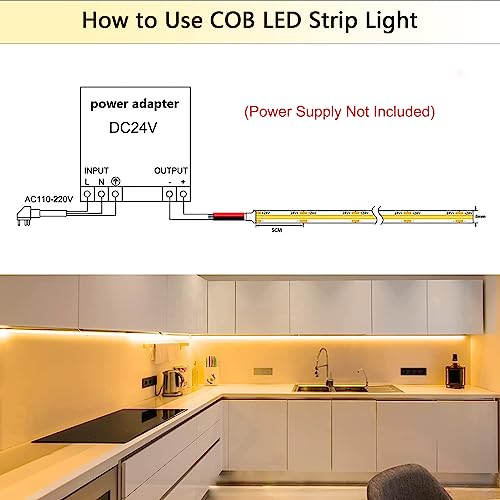 COB LED Strip 5M, Warm White 2700K LED Strip Light DC24V, 480LEDs/M, CRI 90and Super Bright Uniform Dotless LED Tape Lights for Cabinet Kitchen Home DIY Indoor Lighting Projects (No Power Supply)