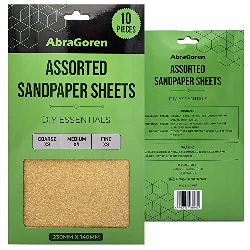 Pack of 10 Sand Paper Sheets - Mixed Grits, 3x Fine, 4x Medium, 3x Coarse - Assorted Sandpaper for Wood and Walls