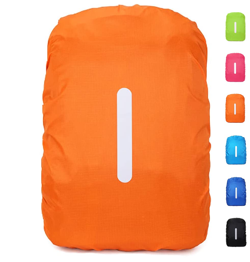 DONJIM 1 Pack Reflective Backpack Cover, Waterproof Backpack Rain Cover, Reflective Rucksack Covers in Polyester, Waterproof Rucksack Cover for Outdoor Hiking Riding Climbing, Orange-S(18-25L)