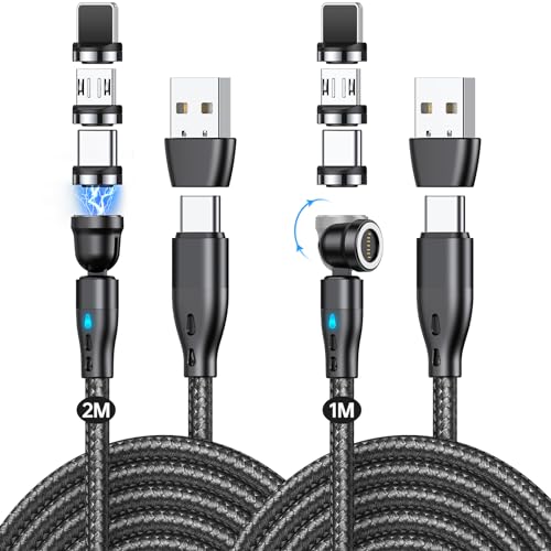 60W Magnetic Fast Charging Cable 7Pin [2Pack 1Mand2M], 6-in-1 USB C/A to USB C Magnetic Charger, 540° Rotating Magnetic Phone Charger Cable and Data Transfer Compatible with All Type of Devices