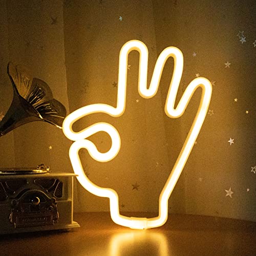 DWOOKE LED Neon Lights,OK Gesture Neon Signs Warm White Wall Neon Light USB or Battery Operated Hand Shape Light Hanging Decor Lights LED Signs for Bedroom Game Room Christmas Birthday Party Bar