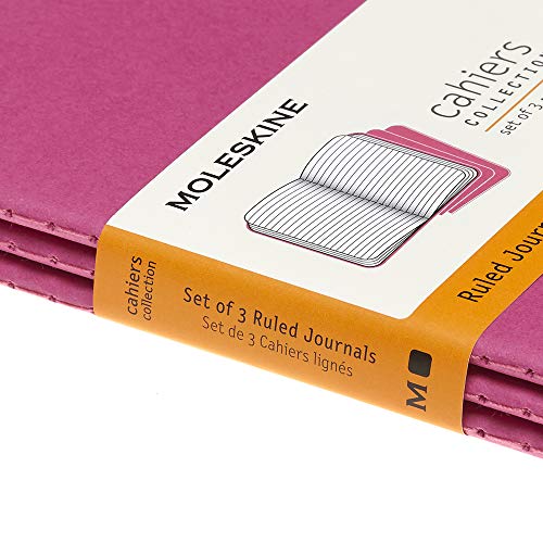 Moleskine Cahier Journal, Set 3 Notebooks with Ruled Pages, Cardboard Cover with Visible Cotton Stiching, Colour Kinetic Pink, Pocket 9 x 14 cm, 64 Pages