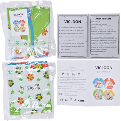 Vicloon Bibs with Sleeves, 4 Pcs EVA Unisex Feeding Baby Bibs Waterproof Long Sleeve Bib Apron Lovely Cute Cartoon Bibs for Infant Toddler 6 Months to 3 Years Old