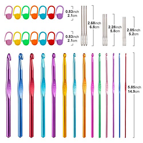 Tiiduo 37 PCS Crochet Hooks Set, High Quality Coloured Aluminum Ergonomic Handle Crochet, Hook Needles for Arthritic Hands, with Stitch Markers and Large-Eye Blunt Needles