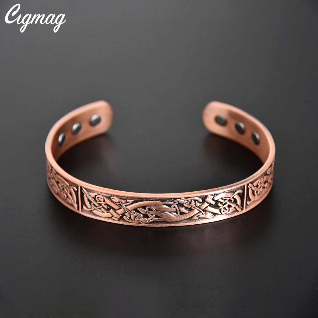 Cigmag Copper Magnetic Bracelets for Men Ultra Strength Magnet 99% Solid Pure Copper Cuff Bangles Adjustable Brazaletes with Gift Box for Father's Day & Birthday (Copper Viking Ireland Pattern)