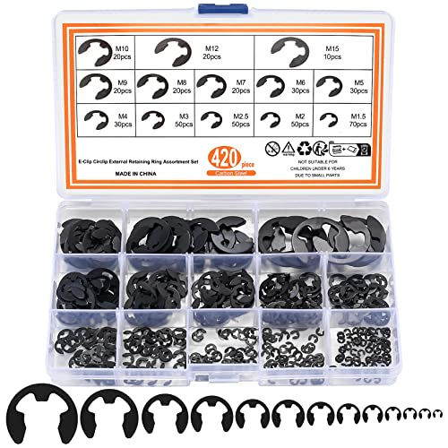 420 Pcs E-Clips, Circlips, External Retaining Ring E-Clips, Snap Opening Ring Circlip Kit, Carbon Steel E Clips Assortment Kits - 13 Sizes, M1.5/M2/M2.5/M3/M4/M5/M6/M7/M8/M9/M10/M12/M15