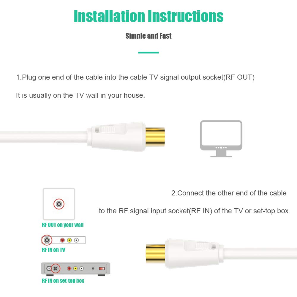 2M TV Aerial Coaxial Cable Male to Male, Ancable Satellite Cable RF TV Antenna Coax Lead to PAL Male Gold Plated Connectors White Flylead for Sky/SkyHD, Virgin, BT,TV, VCR or DVD players with Coupler