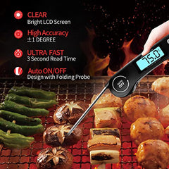 DOQAUS Digital Meat Thermometer, Instant Read Food Thermometer with Backlight LCD Screen, Foldable Long Probe & Auto On/Off, Perfect for Kitchen, BBQ, Water,Meat, Milk, Cooking Food (Black)