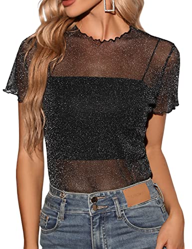 Tuopuda Women Long Sleeves Sheer Mesh Tops Black Stretchy Sheer T Shirts See Through Slim Fit Mesh Crew Neck Blouse(G,L)