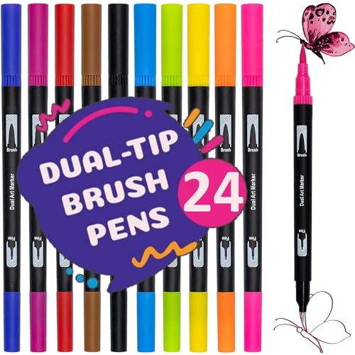 Colouring Pens for Adults Pack of 12 - Fineliners Dual Tip Brush Pens for Lettering, Drawing, Journaling, Colouring & Painting - Felt Tip Pens for Adults Drawing & Art Projects - Best Gift for Kids