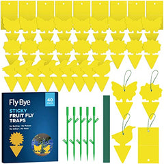 Fly-Bye - 40x Sticky Fruit Fly Traps - Fruit Fly Paper - Fruit Fly Papers Indoors - Fruit Fly Killer - Fungus Gnat Killer - Sticky Gnat Trap - No Poison/Odour or Mess - Value 40 pack