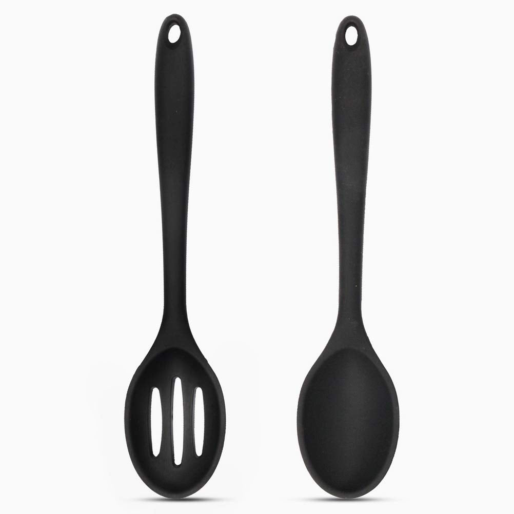 kuou 2 Pcs Large Silicone Cooking Spoon, Black Slotted Spoons Nonstick Kitchen Spoon Heat-Resistant Cooking Spoons for Stirring, Scooping and Mixing