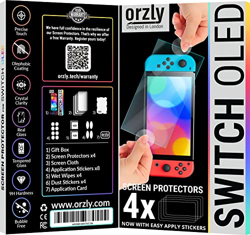 Orzly Glass Screen Protector for Nintendo Switch OLED 2024 Console Accessories (Pack of 4) - Tempered Glass Life time Edition