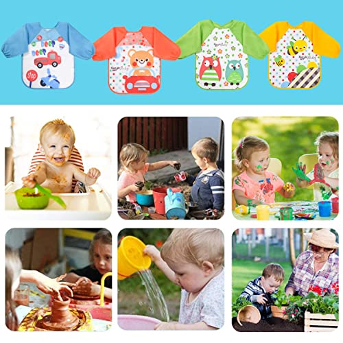 Vicloon Bibs with Sleeves, 4 Pcs EVA Unisex Feeding Baby Bibs Waterproof Long Sleeve Bib Apron Lovely Cute Cartoon Bibs for Infant Toddler 6 Months to 3 Years Old