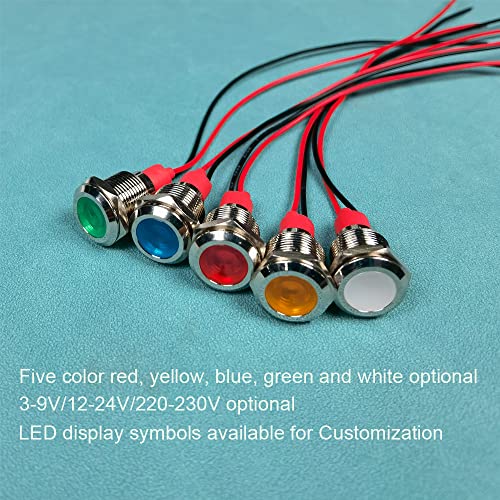 GUUZI 4pcs 12mm LED Indicator Light 220-230V Waterproof Signal Light Metal Panel LED Indicator Signal Light Panel Mount Flat Head with Wires Silver Shell (Blue)