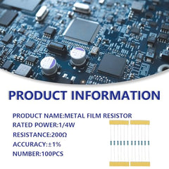 Innfeeltech 100 Pcs 1/4W 1% Tolerance 200 Ohm Metal Film Resistor Resistance for DIY Project and Experiments