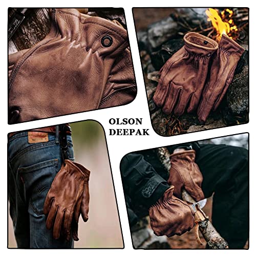 OLSON DEEPAK Cowhide Leather Gloves for Men&Women,Brown Moterbike Leather Gloves,Thorn Proof Garden Work Gloves,Outdoor Camping leather gloves (Large, Retro Brown)