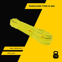 EdcX Paracord 4mm, 35and Solid Colors (10m, 15m, 30m, 50m, 100m, 300m)   Ideal for Crafting, DIY, Camping, Survival, Outdoor   100% Nylon Rope 4mm   Tactical Cord 550 Type III (Sofit Yellow, 30 m)