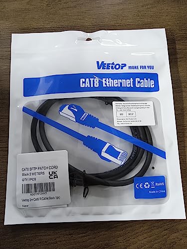 Veetop 2m/6.5ft CAT8 Ethernet Cable 40Gbps 2000Mhz High Speed Gigabit SFTP Lan Network Internet Cables with RJ45 Gold Plated Connector for Use of Smart Office Smart Home System iOT Gaming(1 Pack