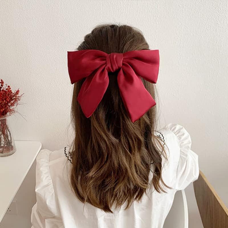 2PCS Silky Satin Hair Bows Hair Clip Black Hair Ribbon Ponytail Holder Accessories Slides Metal Clips Hair Bow for Women Girls Toddlers Teens Kids (Bow Clip-Pink/Red)