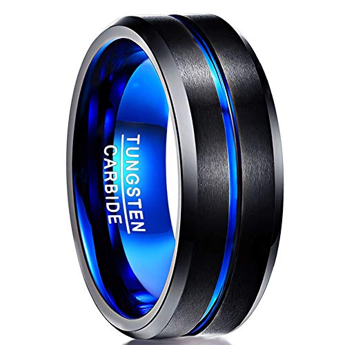 NUNCAD Tungsten Carbide Wedding Ring 8mm Black & Blue Line Brushed Finish Comfort Fit Size T