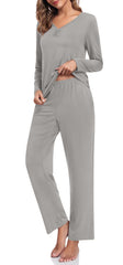 Findsweet Womens Fall Pajama Sets 2 Piece Lounge Sleepwear Long Sleeve Soft Pjs Top Comfy Pjs Pants with Pockets 2XL, Grey