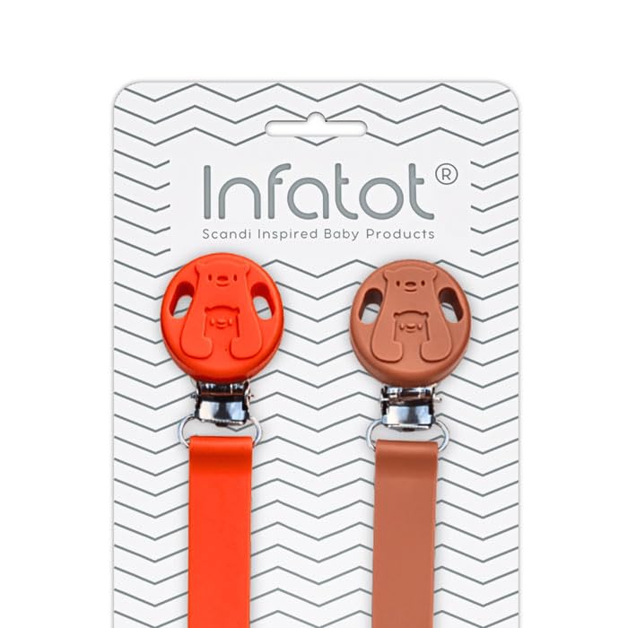 Infatot® Silicone Dummy Clips for Baby Boys & Girls - Dummy Clip Pacifier Holder, Soother Chains, Soother Clips, Dummy Straps, Pacifier Clips, Dummy Holder to Keep Pacifiers Clean - Orange & Earth