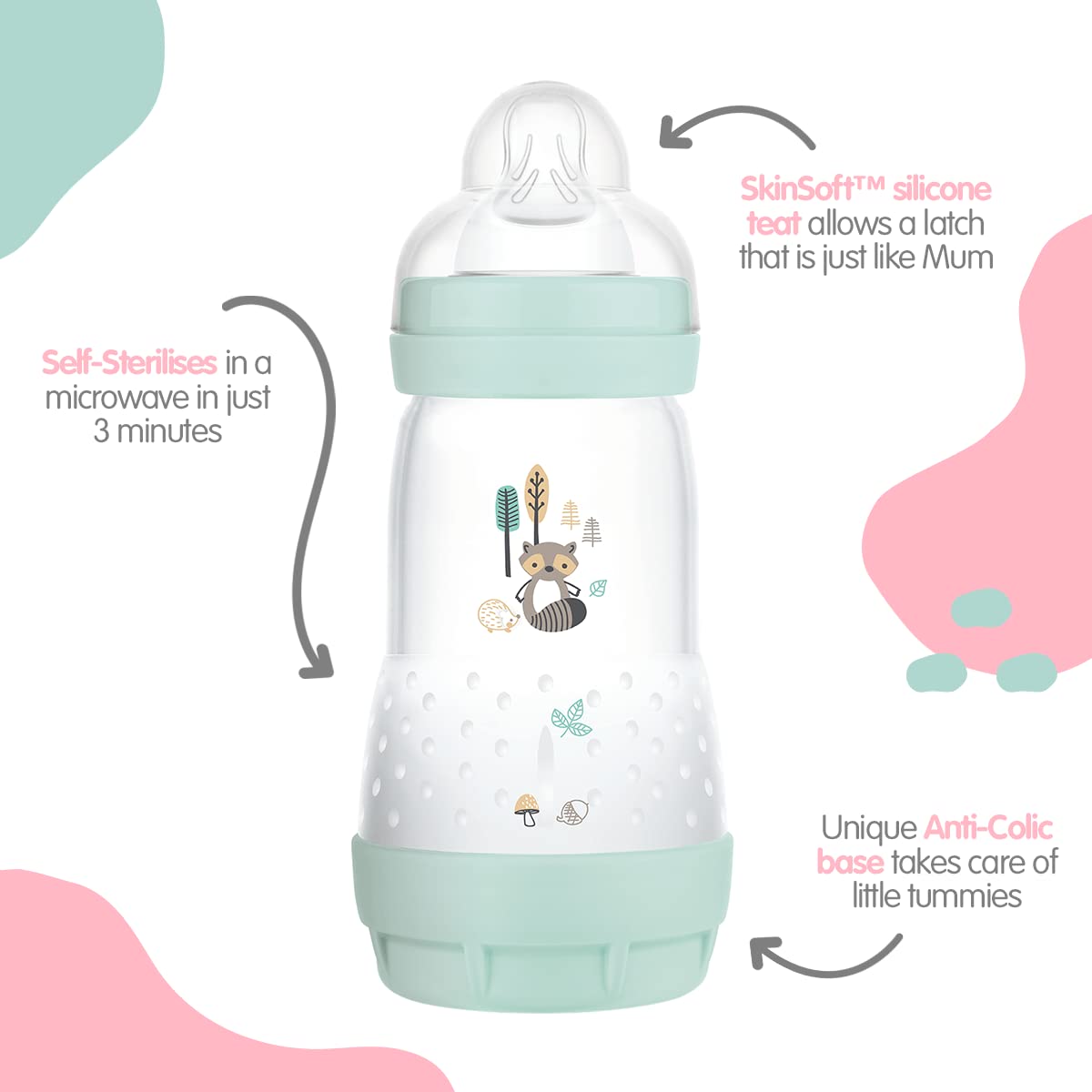 MAM Easy Start Self Sterilising Anti-Colic Baby Bottle 3 Pack (3 x160 ml) with Slow Flow MAM Teats Size 1, Newborn Essentials, Blue (Designs May Vary)