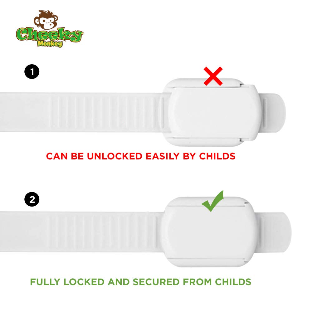 CHEEKY MONKEY 10 Pack Child Safety Strap   Cupboard Door Locks for Children   Baby Proof for Cabinets Drawers Toilet Fridge Locks   Adjustable with No Trapped Fingers Easy to Install