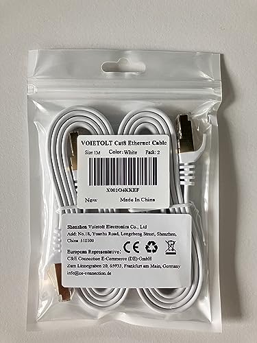 VOIETOLT Cat8 Ethernet Cable 1M 2Pack, 40Gbps/2000Mhz Flat High Speed Network Cable, STP RJ45 Gigabit Cat-8 Lan Internet Cable for PS4/5, Xbox, Modem - White