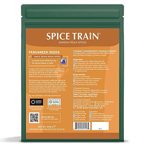 SPICE TRAIN, Fenugreek Seeds (200g/7oz) Non-GMO, Whole Fenugreek Seed/Methi Seeds for Cooking   Resealable Ziplock Pouch