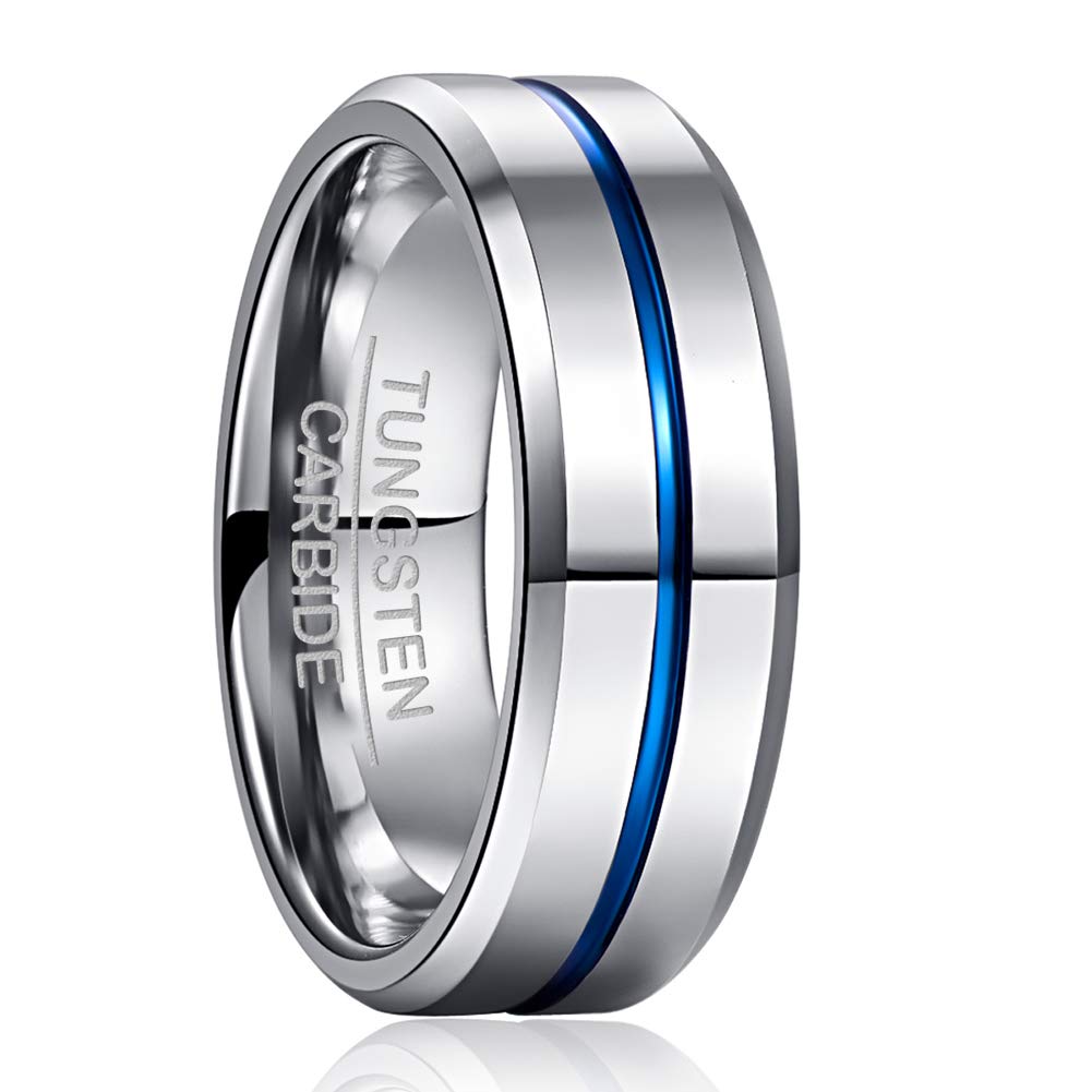 NUNCAD Basic 8mm Tungsten Steel Color Ring Thin Blue Grooved Wedding Band for Men Women Size N