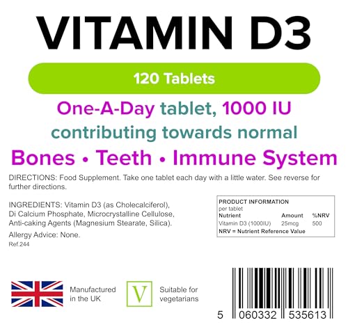 Lindens Vitamin D3 1000IU - 120 Tablets - Immune System, Bones, Teeth, UK Manufacturer Immune Support   (4 Months Supply)   Suitable for Vegetarians   Letterbox Friendly