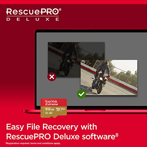 SanDisk 512GB Extreme microSDXC card and SD adapter and RescuePRO Deluxe, up to 190MB/s, with A2 App Performance, UHS-I, Class 10, U3, V30, Black