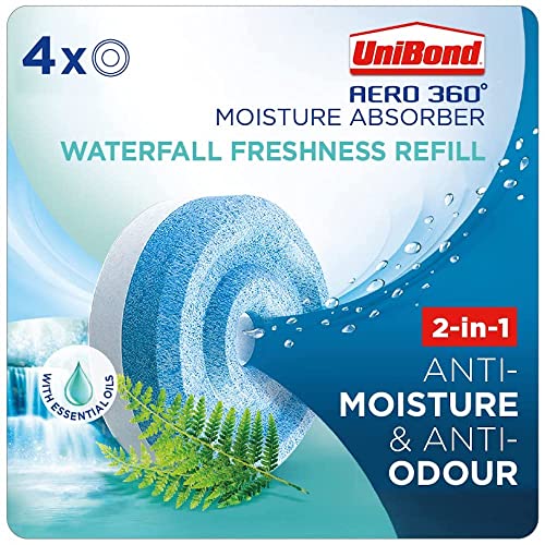 Unibond AERO 360° Moisture Absorber Waterfall Freshness Refill Tab,Aromatherapy,Ultra-Absorbent and Odour-Neutralising,for Dehumidifier,Condensation Absorbers,Four Pack(4x450g),2851728,White and Blue