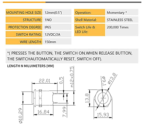 RUNCCI-YUN 10 Pieces 12 mm Momentary Push Button Switch Waterproof Push Button Switch Round Momentary Switch with Pre wiring,DIY Stainless Steel Normally Open Metal Push Start Button (High Head)