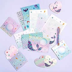 Mermaid Paper and Envelopes Set - 71PCS Magical Mermaid Stationery Paper for Kids Girls Christmas Birthday Gifts Stationery Letter Writing Set Envelopes Greeting Cards Stickers Ballpoint Pen Gift Box