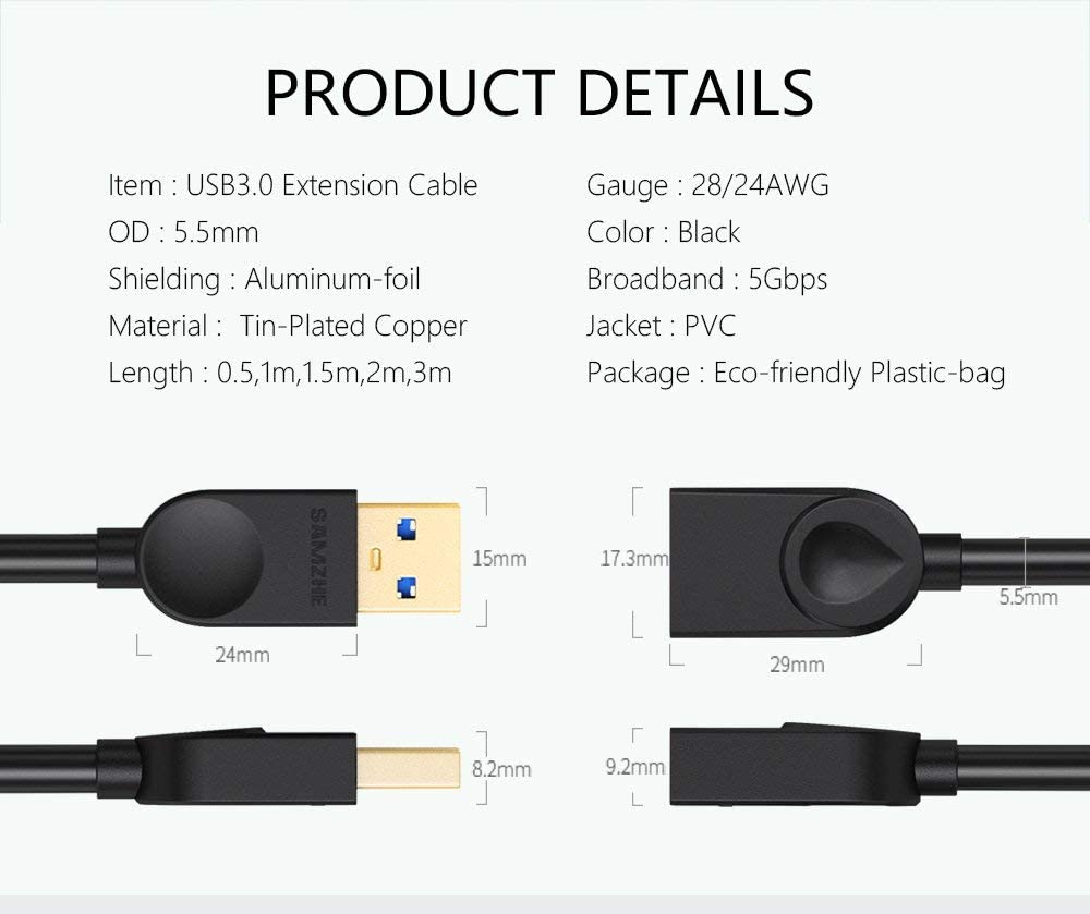 Samzhe USB Extension Cable USB 3.0 Male to Female 5Gbps High Speed USB AM to AF USB Data Sync Transfer Extender Cable(0.5M)