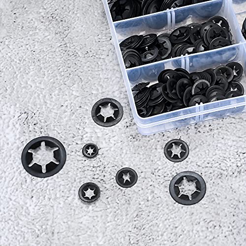 340 Pcs Starlock Washers, Internal Tooth Quick Speed Locking Washers, Push On Speed Clips Fasteners Starlock Washers Assortment Kit - 65Mn, Black, M3/M4/M5/M6/M8/M10/M12