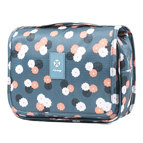 Travel Hanging Toiletry Wash Bag Makeup Cosmetic Organizer for Women Waterproof (Blue Flower)