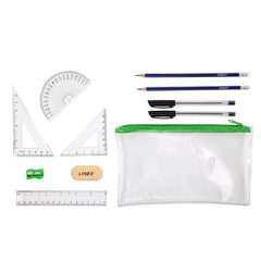 Linex Clear Filled Pencil Case Exam Set, for Maths Students, Ruler, Protractor