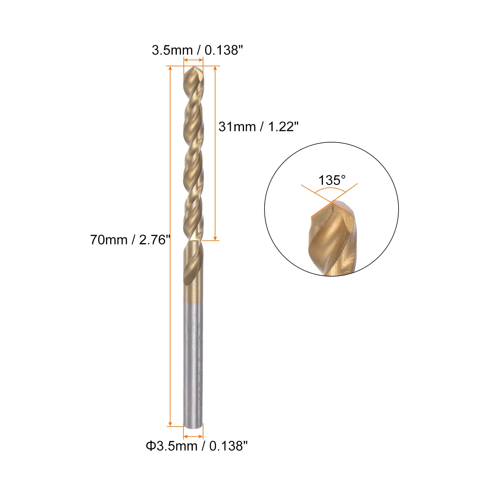 sourcing map 3pcs Twist Drill Bits 3.5mm Titanium Coated (HSS-E) M42 High Speed Steel 8% Cobalt Straight Shank for Stainless Steel Aluminum Alloy Metal