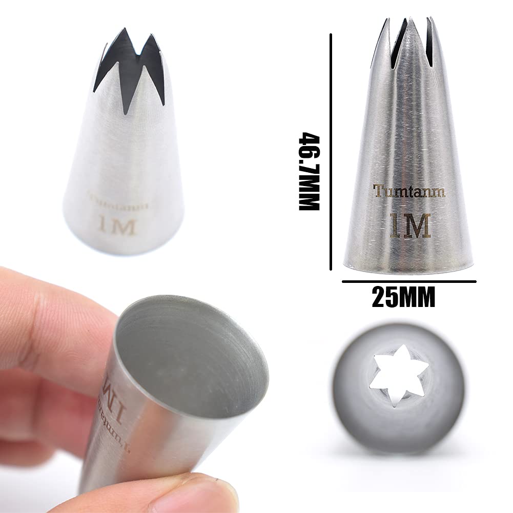 Tumtanm 1M Nozzle Open Star Piping Tip, Large Seamless Stainless Steel Icing Piping Nozzle Tip #1M